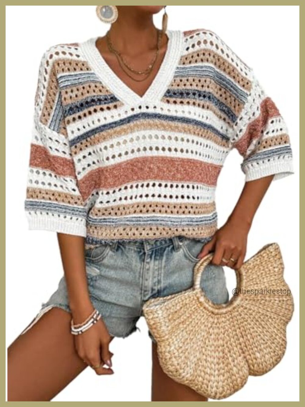 Crochet Knit Sweater Womens Short Sleeve V-Neck Pullover Summer Top